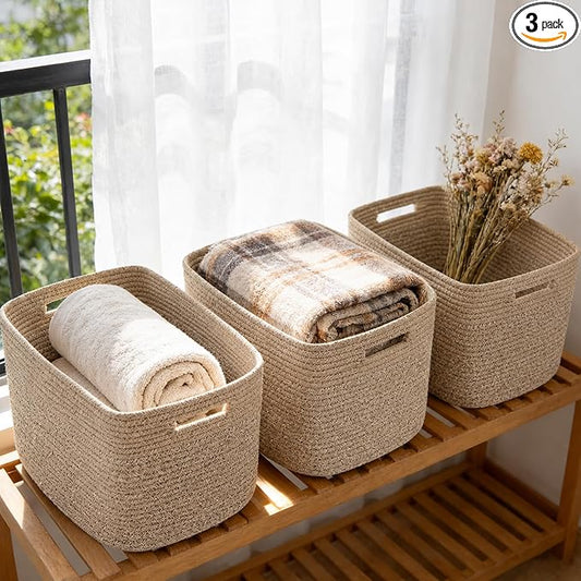 3 Pack Woven Rope Storage Baskets for Organizing,13.5"×11"×9.5"Storage Bins for Shelves,Perfect for Toys,Books,Towels,Clothes,Empty Gift Baskets for Nursery,Living Room&Bedroom(Mix Brown)