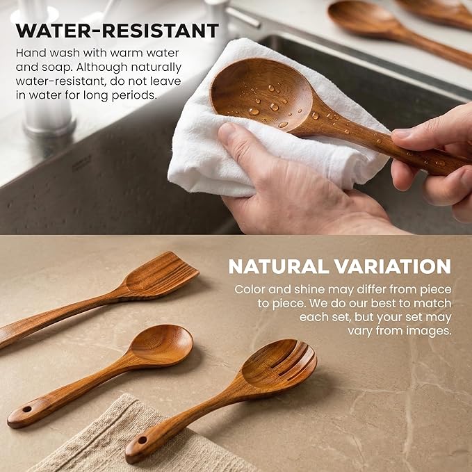 Zulay Kitchen 12-Piece Teak Wooden Utensils for Cooking - Natural Teak Utensil Set with Premium Gift Box - Non-Stick Wooden Spoons for Cooking - Kitchen Gift Set - Comfortable Grip Wooden Utensil Set