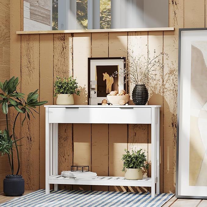TaoHFE White Narrow Console Table with Drawer Storage Shelf, Modern Wooden Entryway Sofa Table, 39 Inch Slim Behind Couch Table, Side Display Console Table for Living Room,Office,White