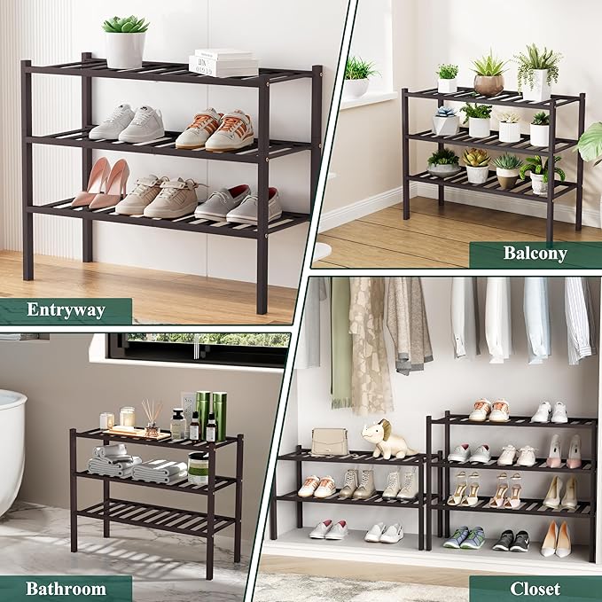 Smiry Long Bamboo Shoe Rack, 5 Tier Free Standing Wooden Shoe Organizer, Stackable Wood Shoe Storage Shelf for Closet, Entryway, 12 Vertical Slats, 2+2+1 Stack Standard Legs, 33.7"x11"x32.5", Brown