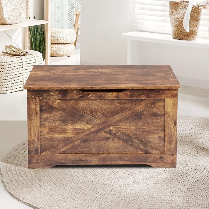 Timberer Storage Chest, Wooden Storage Bench, Entryway Shoes Bench with 2 Safety Hinges, Retro Storage Trunk for Living Room, Bedroom, 15.7 x 31.5 x 18.9 Inches, Rustic Brown