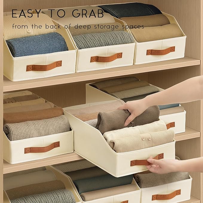 Homsorout Fabric Storage Bins for Organizing - 4 Pack Large Trapezoid Collapsible Storage Bins with Front Handle, Closet Organizers and Storage for Bedroom, Home Shelves, Small Spaces, Beige