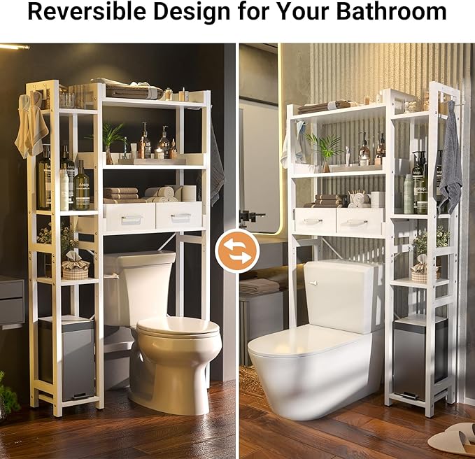 Besiost Over The Toilet Storage, 7 Tier Bathroom Organizer with Reversible Side Shelf and 2 Fabric Drawers, Adjustable Freestanding Rack Space Saver for Small Spaces, White
