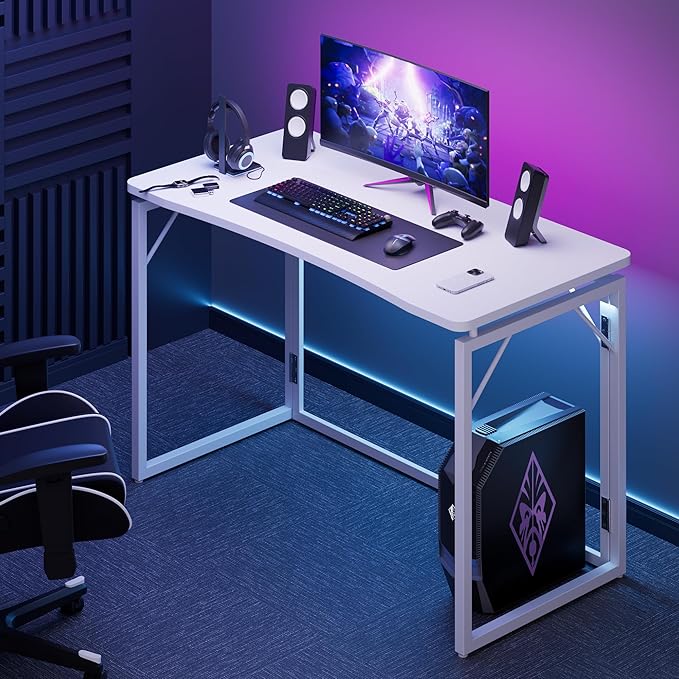 JOYMOOP White Folding Desk - 40", No Assembly Middle Size Foldable Desk for Home, Office, Wooden Top Folding Computer Desk for Working, Writing, Studying