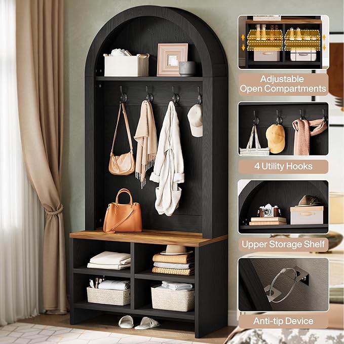 Tribesigns Arched Hall Tree with Bench and Shoe Storage, 70.87" H Tall Coat Rack with Shoe Bench, 4-in-1 Entryway Coat Rack with 4 Hooks & Storage Cubbies, for Mudroom, Hallway, Bedroom, Black＆ Brown