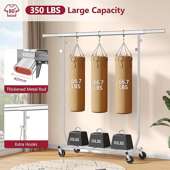 Tajsoon Clothes Rack Heavy Duty Load 350 LBS, 73.8' Extendable & Adjustable Collapsible Clothing Rack for Hanging Clothes, Rolling Garment Rack with Lockable Wheels for Bedroom, Plating Chrome