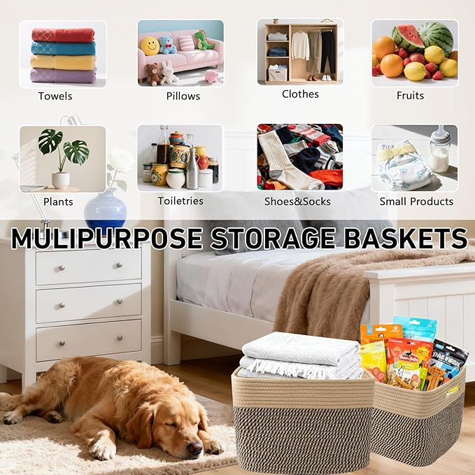 3 Pack Woven Rope Storage Baskets for Shelves,13.5"×11"×9.5" Storage Bins with Handles,Empty Gift Baskets,Nursery Organizer for Toys,Towels,Books,Closet,Living Room,Bedroom (Jute&Black)