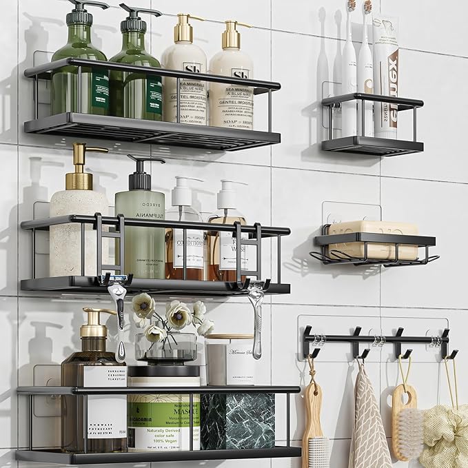 Simple Trending Shower Caddy Adhesive, 6 Pack Rustproof Stainless Steel Shower Shelves with Large Capacity, No Drilling Bathroom Organizers and Storage for Home Decor, Black
