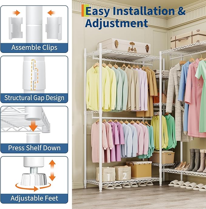 Heavy Duty Clothes Rack, Freestanding Garment Rack with 4 Hanging Rods and 7 Storage Shelves, Adjustable Closet Organizer System, Portable Wardrobe Closet for Hanging Clothes, 70.5"h X85.4"l x 17.4"w