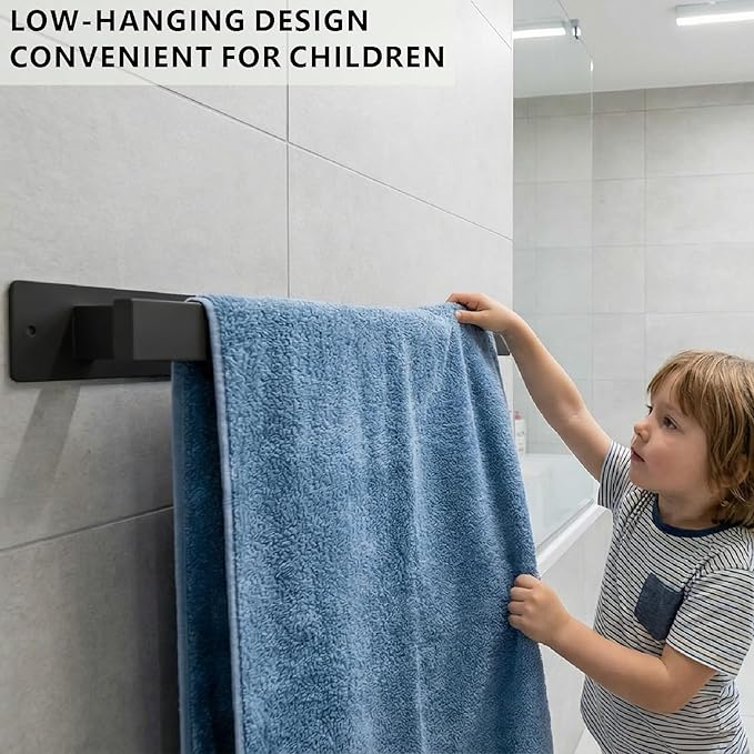 Bathroom Towel Bars,16-Inch Stainless Steel Towel Bar for Large Towel,Strong Self-Adhesive/Screws Wall Mounting,Rust-Proof,Towel Holder for Bathroom and Kitchen Storage (Black)