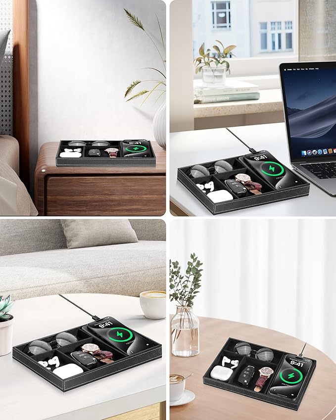 Valet Tray with Wireless Charger, Nightstand Organizer for Men, EDC Catchall Tray for Keys, Watch, Wallet, Jewellery, Premium Vegan Leather, Bedside Caddy, Stylish and Organized, Black