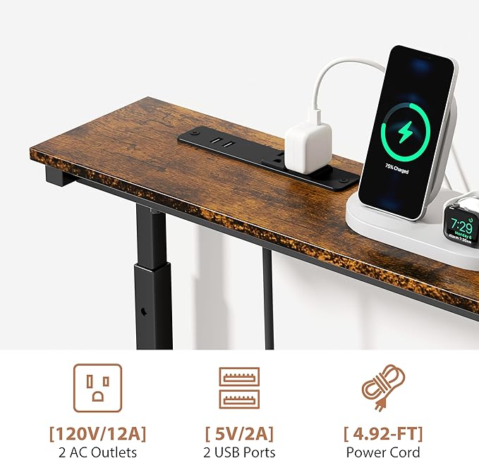 GRLEAF 45" Adjustable Height Narrow Console Table with Power Outlets, Long Sofa Table with Charging Station Behind Couch Table Skinny Entryway Table for Living Room, Hallway and Office – Rustic Brown
