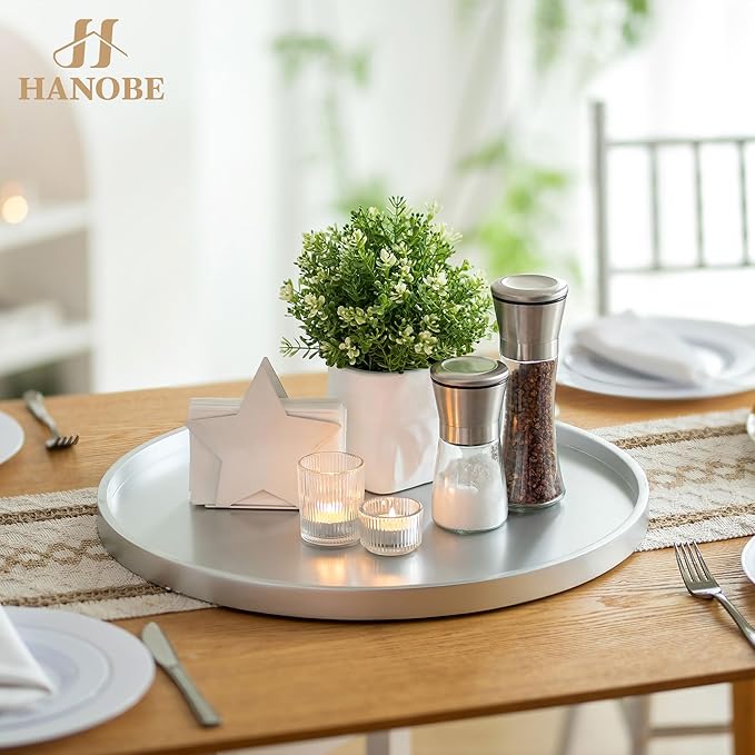 Hanobe Decorative Coffee Table Tray: Silver Wood Tray Round Rustic Wooden Trays Circle Farmhouse Centerpiece Candle Holder for Home Decor Ottoman Counter Display Living Room Organizer 18"