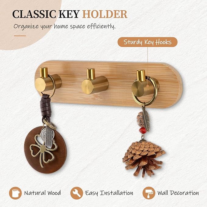 Nekon Bamboo Key Holder for Wall, Wall Mount Key Organizer with 3 Hooks, Decorative Coat Rack for Entryway, Kitchen, Bedroom, Bathroom (Gold Hooks)