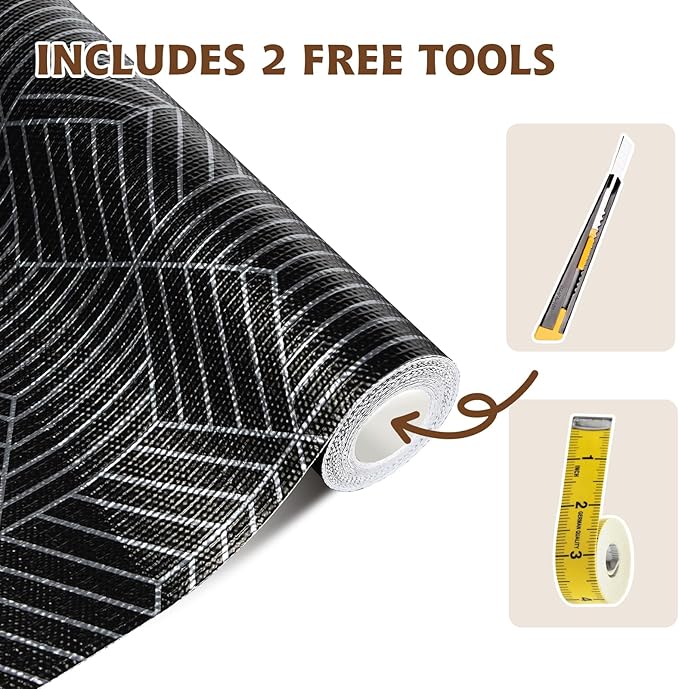 Shelf Liners for Kitchen Cabinets 23.6in x 20FT, Non Adhesive Cabinet Liner Strong Non-Slip Black and Silver Geometric Drawer Liner, Easy to Clean for Shelf, Cabinet with Knife and Tape Measure