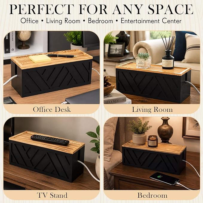 Chunful Large Cable Management Box, Wooden Cord Organizer Box for Desk, Floor, Office to Hide Extension Cords Power Stripes Surge Protectors Chargers Wires, Black, 15" L x 6.1" W x 5.3" H