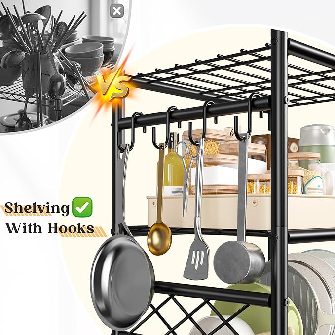 Storage Shelves-6 Tier Metal Shelving Unit with Hooks,Heavy Duty Garage Shelving with Leveling Feet,High Standing Shelf Organizer for Kitchen Pantry Bathroom Dorm,17.7”W×11.8”D ×72.2”H,Black
