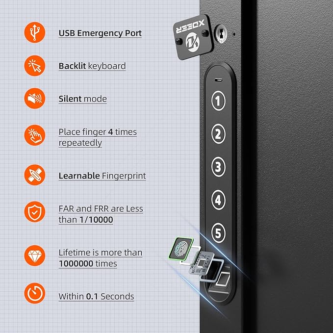 XDeer 60-Key Biometric Key Lock Box, Key Holder Wall Mount with Anti-Theft Key Slot and Combo Lock, Key Organizer Cabinet with Key Tags for Hotels & Offices 1PCS