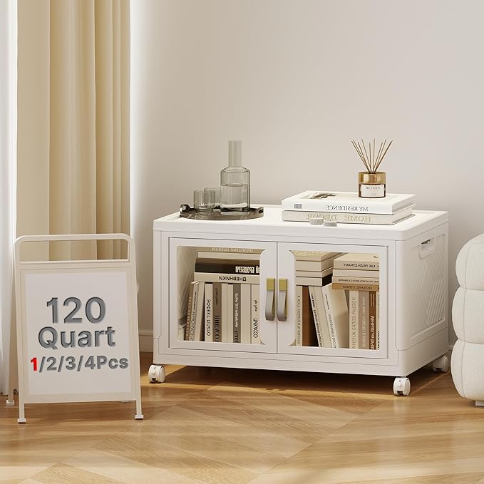 UAMFURI Stackable Storage Bins with Lids, Clear Doors, Large Storage Cabinet Foldable Collapsible Closet Organizers for Bedroom Dorm Office (1, White, 120, Quarts)