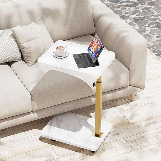 TV Tray Table, Adjustable Dinner Trays for Eating Table,360° Swivel& Sofa Armrest End Side Couch Snack Table for Sofa, Bedroom, Living Room, C Shaped End Table that Slide Under(White+Gold)