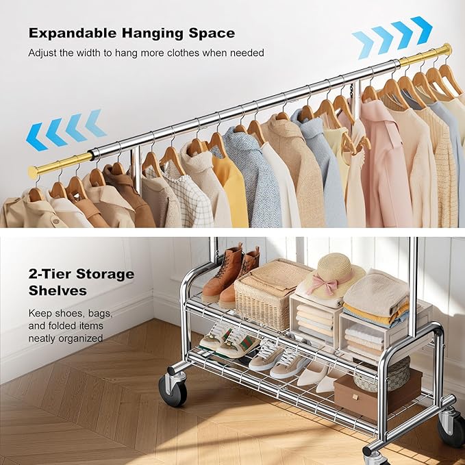 Heavy Duty Clothing Rack with Shelves, 660 LBS Capacity Rolling Metal Clothes Rack with Lockable Wheels, Garment Rack for Bedroom, Laundry Room, Portable Closet Organizer, Silver