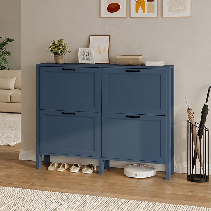 LOUVIXA Shoe Cabinet with 2 Flip Drawers, Narrow Shoe Storage Cabinet, Freestanding Shoe Cabinet Organizer, Hidden Shoe Rack Cabinet for Entryway, Hallway (4-Drawers, Blue)