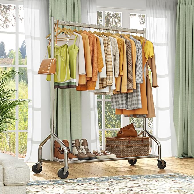 Simple Trending Heavy Duty Clothes Rack Load 420 LBS, Rolling Clothing Racks with Lockable Wheels, Metal Garment Rack for Hanging Clothes, Bedroom, Laundry Room, Silver
