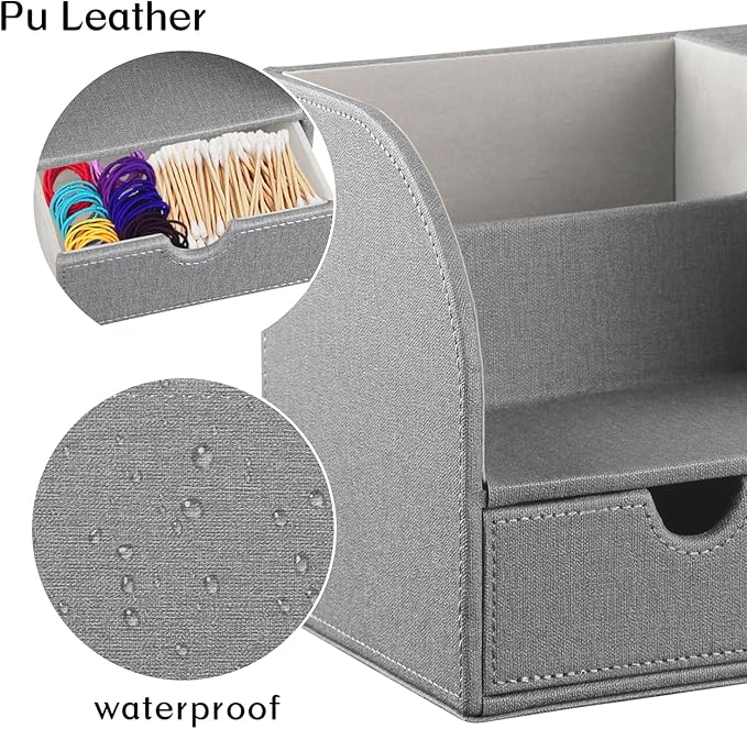 Square Tissue Box Cover with Drawer Storage and Tray on Top, PU Leather Tissues Cube Boxes Holder, Modern Nightstand Organizer Caddy, Remote Control Holder for Bathroom, Bedside, Office, Home