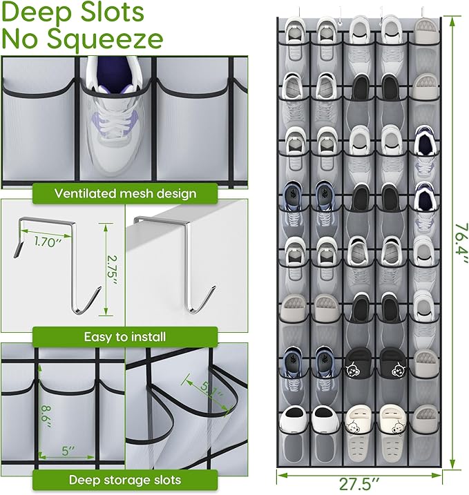 Over the Door Shoe Organizer with 40 Large Breathable Mesh Pockets, Space Saving Shoe Holder, Hanging Shoe Rack for Entryway Bedroom Closet Storage (Grey, 80 Pockets)