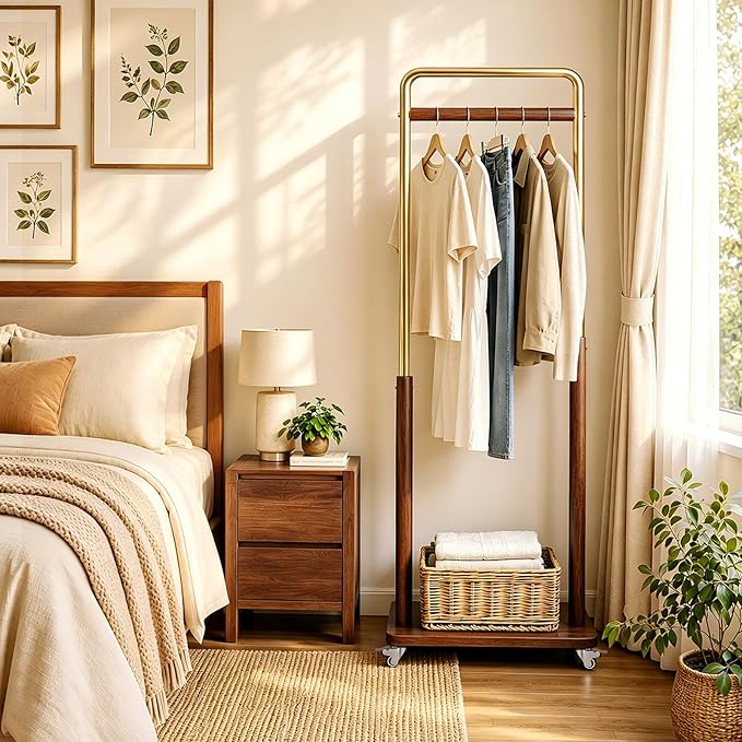 Taitiy Clothes Rack Solid Wood Coat Rack, Metal and Solid Wood Combination Clothing Rack with Wheels for Entryway, Bedroom, Living Room, Coat Racks Freestanding for Hanging Clothes Garment Scarf