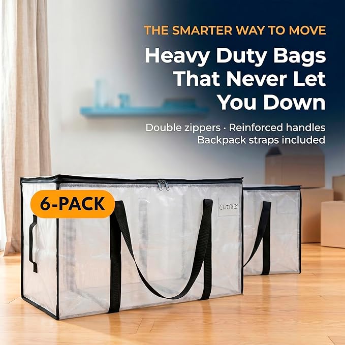 ClearSpace Oversized Moving Bags or Storage Bag – Large Moving Boxes with Backpack Straps, Zippers & Handles – Heavy-Duty Packing Bags for Moving, College Dorm, Christmas Decorations, 6 Pack