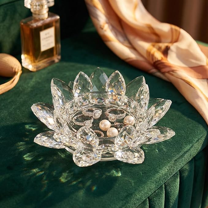 Crystal Flower Jewelry Tray, Transparent Decorative Trinket Dish for Rings, Earrings, Necklaces, Keys for Vanity Dresser Nightstand, Elegant Gift for Women Mother's Day (2, 6.3"(W) - Clear)
