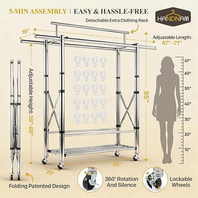 Heavy Duty Clothes Rack Load 620 LBS Foldable, Triple Rod Rolling Garment Rack for Hanging Clothes with Sturdy Wheels & Shelves, Adjustable ＆ Portable Commercial Clothing Rack with Lockable Wheels