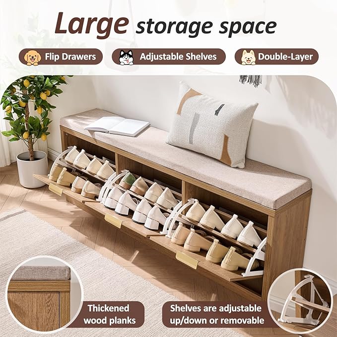 Rattan Narrow Entryway Bench with Shoe Storage, 3 Flip Drawers & Coat Rack, Mid-Century Modern Wood Shoe Cabinet with Seat Cushion for Foyer/Hallway (Rustic Oak Rattan)