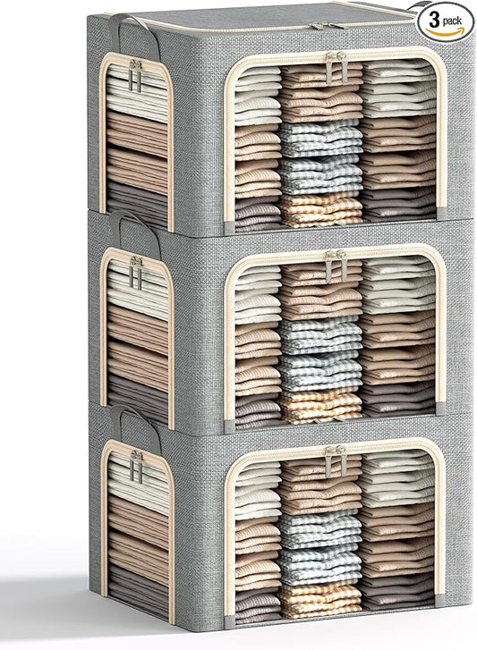 3 Opeings Large Clothes Storage Bins with Metal Frame, Foldable Storage Bin for Clothes, Clothing Storage Bins with Lid, Linen Storage Box With Clear Window＆ Zippers＆ Handles.(3 Pcs,Light Grey,66L)