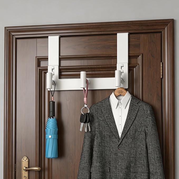 PMMASTO Over The Door Hooks, Fits 1-3/4" Thick Door No Drill Hooks for Closet Bathroom Bedroom Organization, Hanger for Coat Towel Robe (White, 3 T-Hooks)