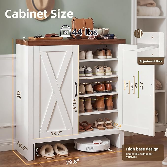 Shoe Cabinet, 5-Tier Shoe Storage Cabinets with Doors and Adjustable Shelves, Thickened Wood Freestanding for Entryway, Hallway, Closet, Organizer Rack, Walnut and White JSC005WWB