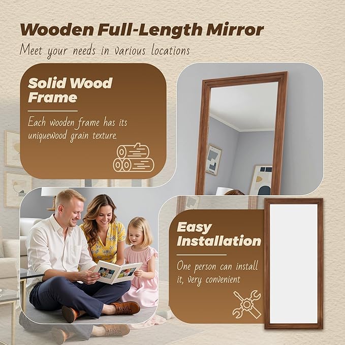 Antok Full Length Mirror with Solid Wood Frame, 76"×34" Wall Mounted Oversized Floor Mirror with Stand, Leaning Standing Hanging for Bedroom Living Room Entryway, Brown, Rect Style
