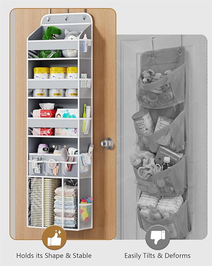 OneDream Over the Door Organizer for Nursery, 5-Tier Baby Clothes Organizer with Removable Storage Caddy, Hanging Behind Door Storage with Clear Pockets and Side Mesh Compartments, Grey