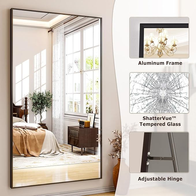 Easly Full Length Mirror with Stand - 38"x77" Full Body Mirror for Floor, Wall Hanging or Leaning - Aluminum Alloy Frame for Living Room, Bedroom, Cloakroom - Black