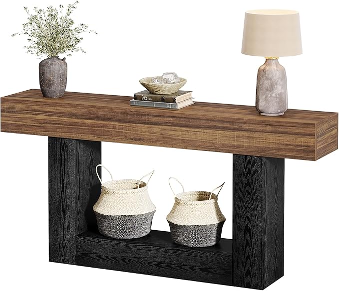 Tribesigns 63-Inch Long Console Table, 2-Tier Entryway Table Sofa Table with Storage, Farmhouse Wood Behind Couch Table for Living Room, Hallway, Rustic Brown & Black