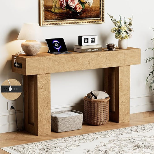 63 Inch Long Console Table w/Outlets & USB Ports, Narrow Rectangular Sofa Table Behind The Couch, Farmhouse Entryway Table for Entrance, Hallway, Living Room