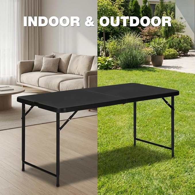 4ft Folding Table with Adjustable Height, 2-Level Foldable Table with HDPE Top & Steel Legs, Portable 4 Foot Folding Table for Picnic, Party, Craft, Indoor Outdoor Use, Black