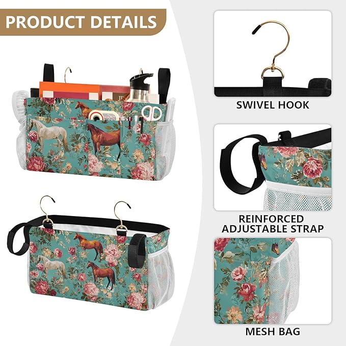 Bedside Caddy Hanging Bunk Bed Caddy Bed Organizer Hanging Pocket with 2 Hooks Bedside Storage Organizer Pocket Bag Holder Teal Horses and Red Roses