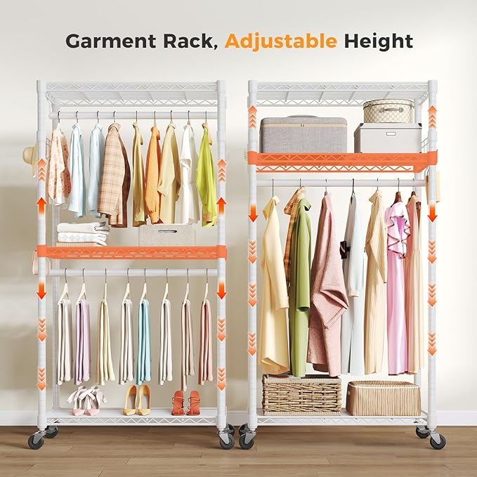 NEWBULIG Heavy Duty Adjustable Clothes Rack with Wheels, Adjustable Rolling Metal Freestanding Garment Closet Organizer with Double Rods & 2 Side Hooks for Hanging Clothes, 35" x 15" x 75", White