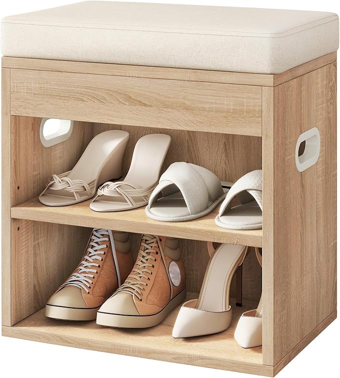 YMYNY Small Shoe Storage Bench with Cushion and Drawer, 2 Tier Adjustable Entryway Bench with Storage, Wooden Shoe Rack Bench for Entryway, Living Room, Hallway, Bedroom, Light Natural, HSC002R