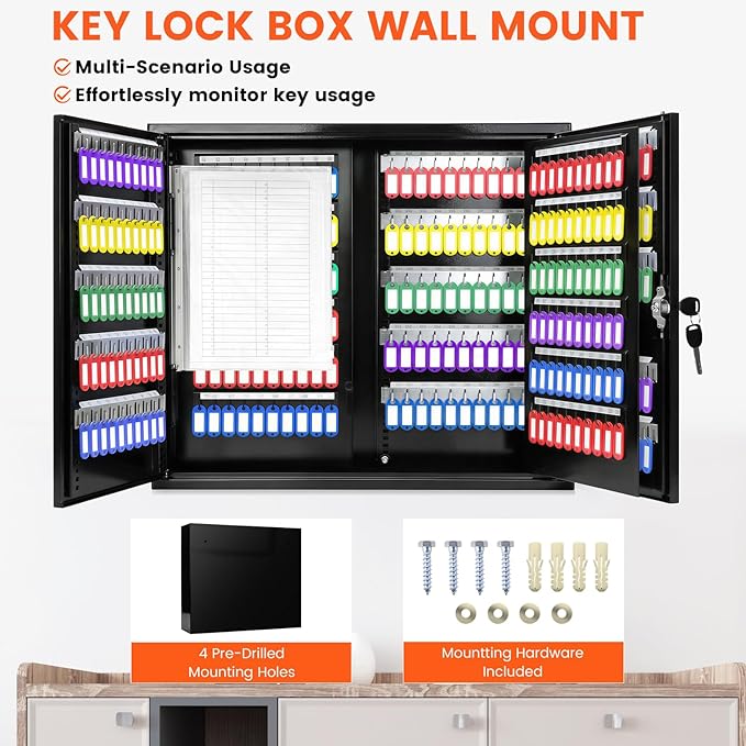 440 Keys Dual-Door Key Lock Box Wall Mount with 20 Adjustable Hook Plates, Numbered Hooks and Tags, Steel Key Cabinet with Index Log, Key Storage Box Key Organizer for Garage Home Office, Black