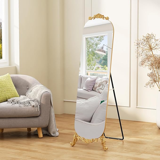 Arched Full Length Mirror, 63"X20" Vintage Floor Mirror, Baroque Full Body Mirrors with Art Carved, Free Standing Leaning or Wall-Mounted Mirrors for Bedroom, Living Room, Entryway,Gold