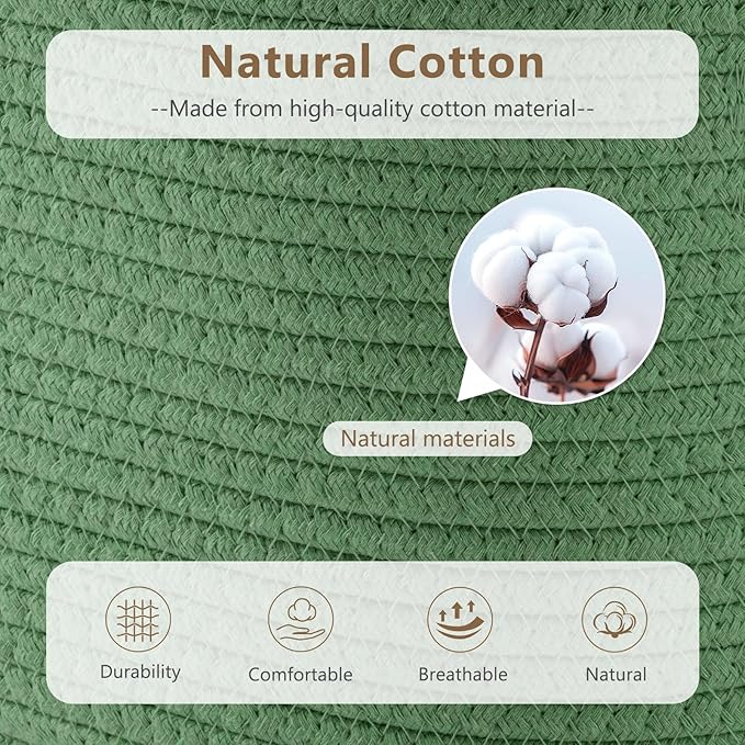 ECDYQXVU Cotton Rope Basket, Storage Baskets with Handle, 15x10x9 Inch Woven Basket for Shelves, Laundry, Towels, Clothes, Books (Green 1Pack)