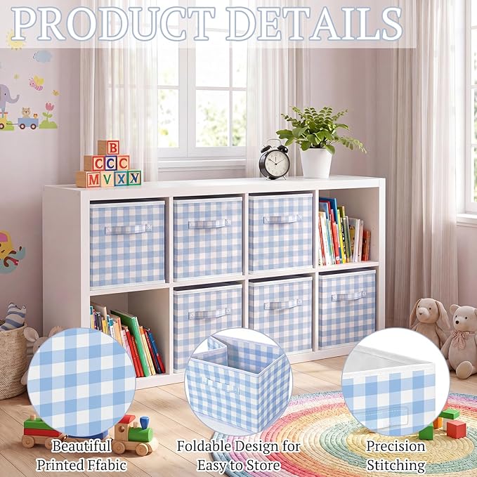 Yalikop 6 Pcs Blue Checkered Cube Storage Bins, 11 Inch Fabric Gingham Classroom Storage Bins Organizer with Handle Preppy Collapsible Cubby Basket for Classroom Home Nursery Playroom Bedroom